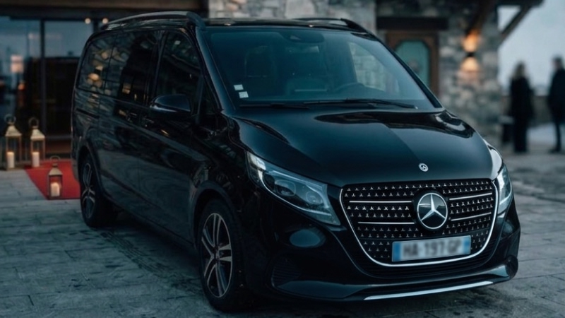 Chauffeur-driven Mercedes V-Class outside a chalet